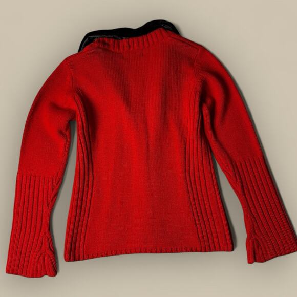 VTG Y2K Zip Up Red Cardigan Black Faux Fur Collar Womens Small Christmas Sweater - Picture 2 of 3
